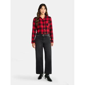 Plaid Flannel Button Down Shirt Red Black Long Sleeve Cotton Women M